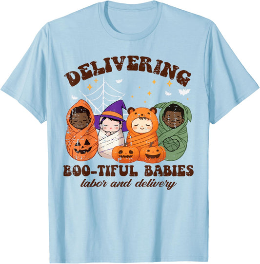 Delivering Bootiful Babies Halloween Labor Delivery Nurse T-Shirt - T-Shirt | Light Blue