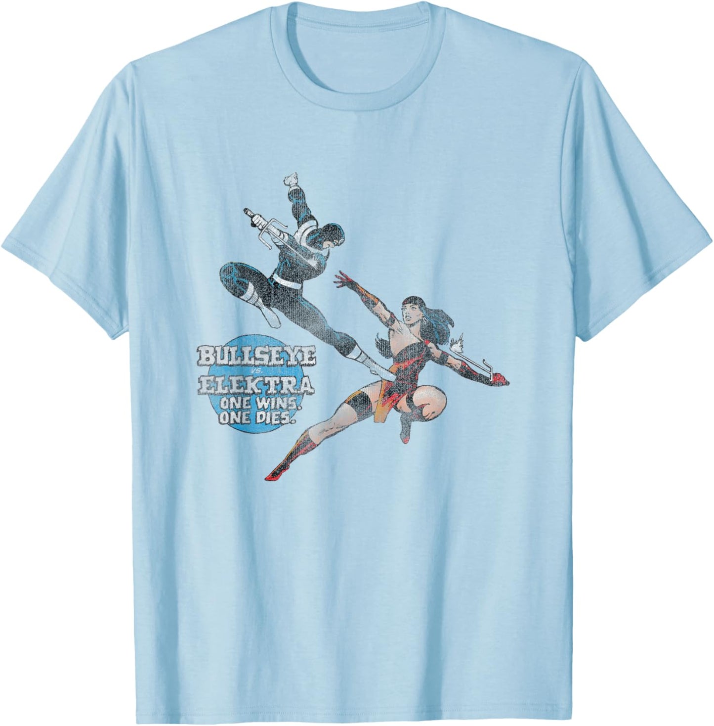 Marvel Iconic Bullseye Vs Elektra Retro Big Chest Poster T-Shirt - T-Shirt | Light Blue