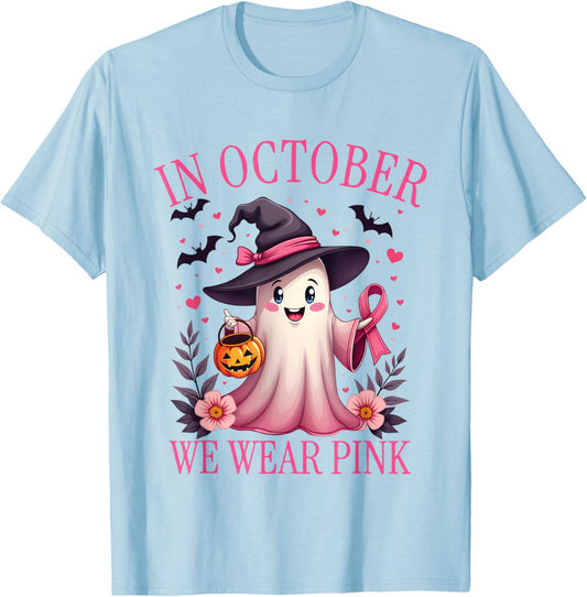 In October We Wear Pink Breast Cancer Awareness Halloween T-Shirt - T-Shirt | Light Blue