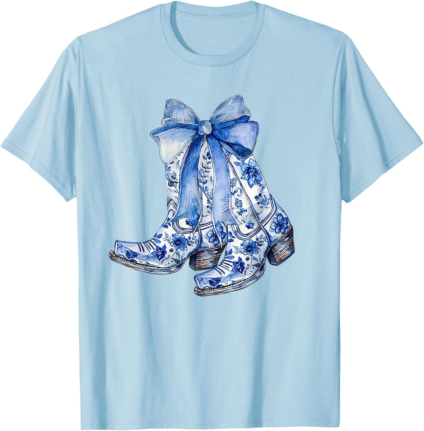 Blue and White Coastal Cowgirl Boot T-Shirt - T-Shirt | Light Blue