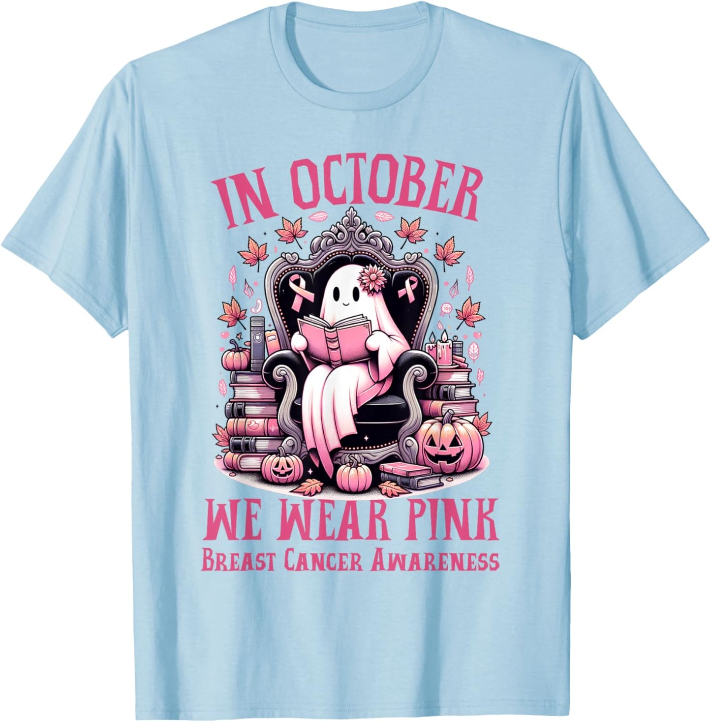 In October We Wear Pink Ghost Book Reading Breast Cancer T-Shirt - T-Shirt | Light Blue