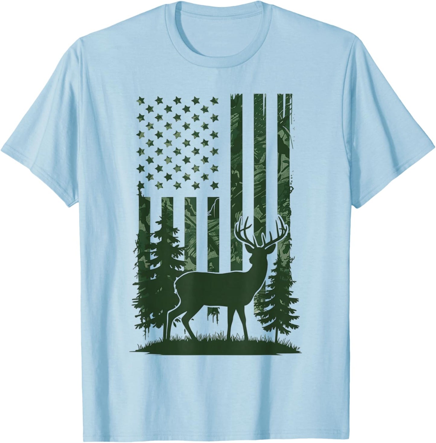 Deer Hunting Camo American Flag Nature Background USA Flag T-Shirt - T-Shirt | Light Blue