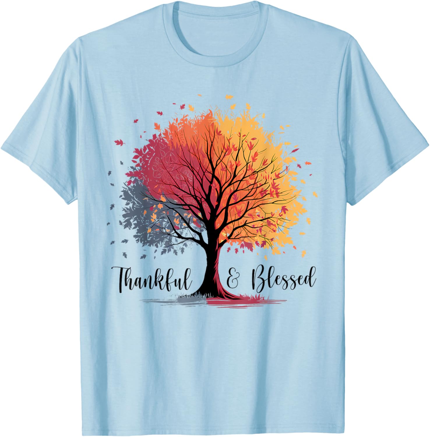 Thankful Blessed Woodland Journey Heathered Thanksgiving T-Shirt - T-Shirt | Light Blue