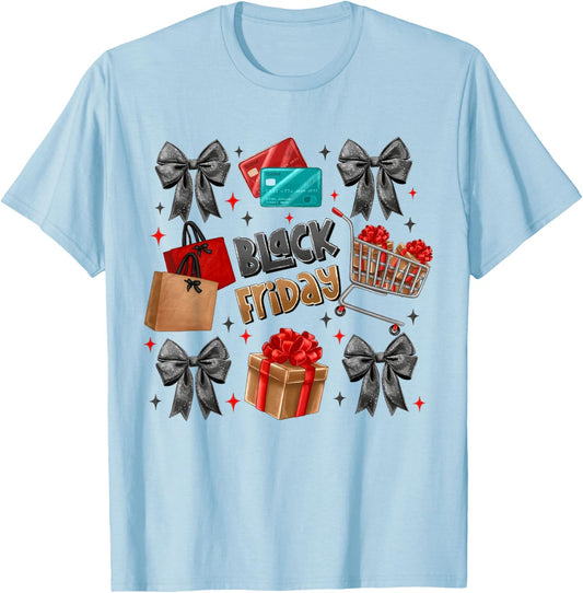 Black Coquette Bow Friday Shopping Crew Christmas Squad T-Shirt - T-Shirt | Light Blue