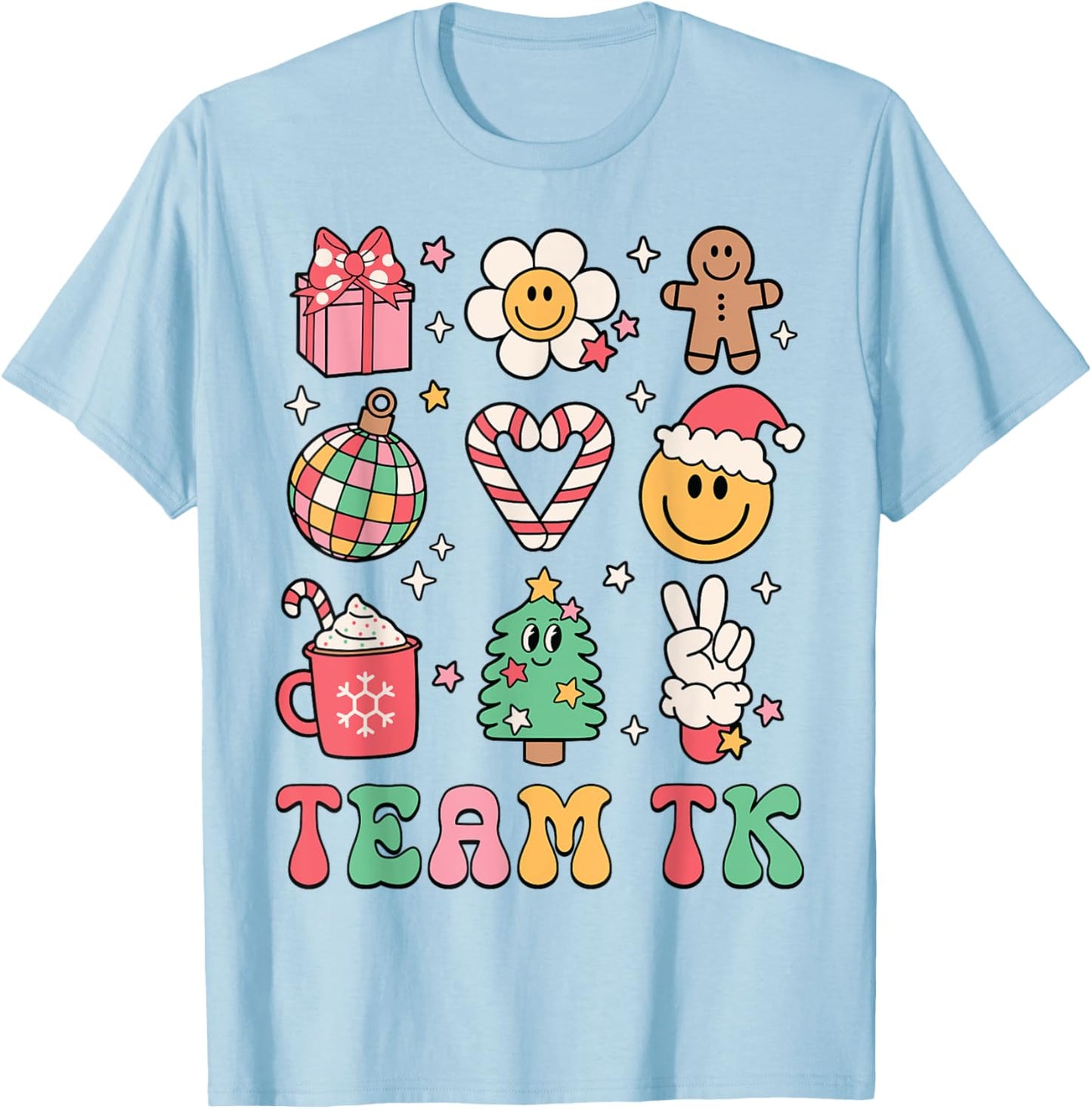 Team TK Teacher Christmas Groovy Smile Face Girl Boy Kid TK T-Shirt - T-Shirt | Light Blue