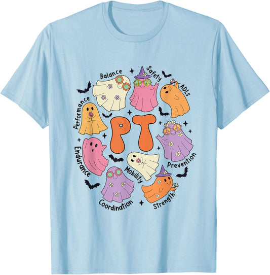 Pediatric PT Halloween Ghost Spooky Physical Therapy Team T-Shirt - T-Shirt | Light Blue