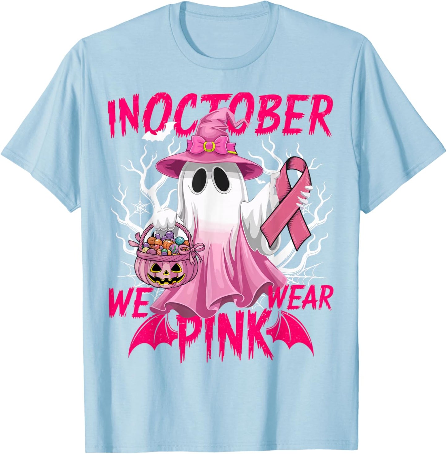 In October We Wear Pink Shirt Breast Cancer Awareness Ghost T-Shirt - T-Shirt | Light Blue