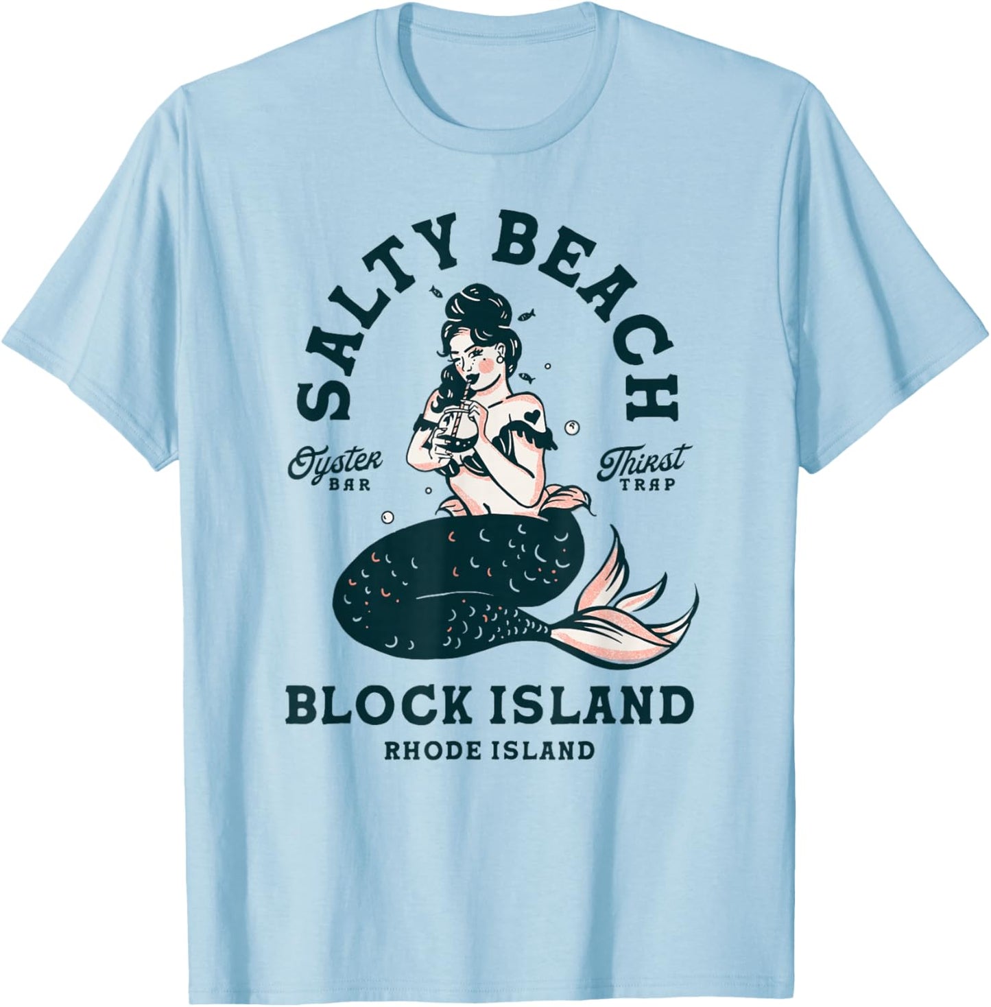Block Island Rhode Island Oyster Bar: Pin Up Mermaid Seafood T-Shirt - T-Shirt | Light Blue