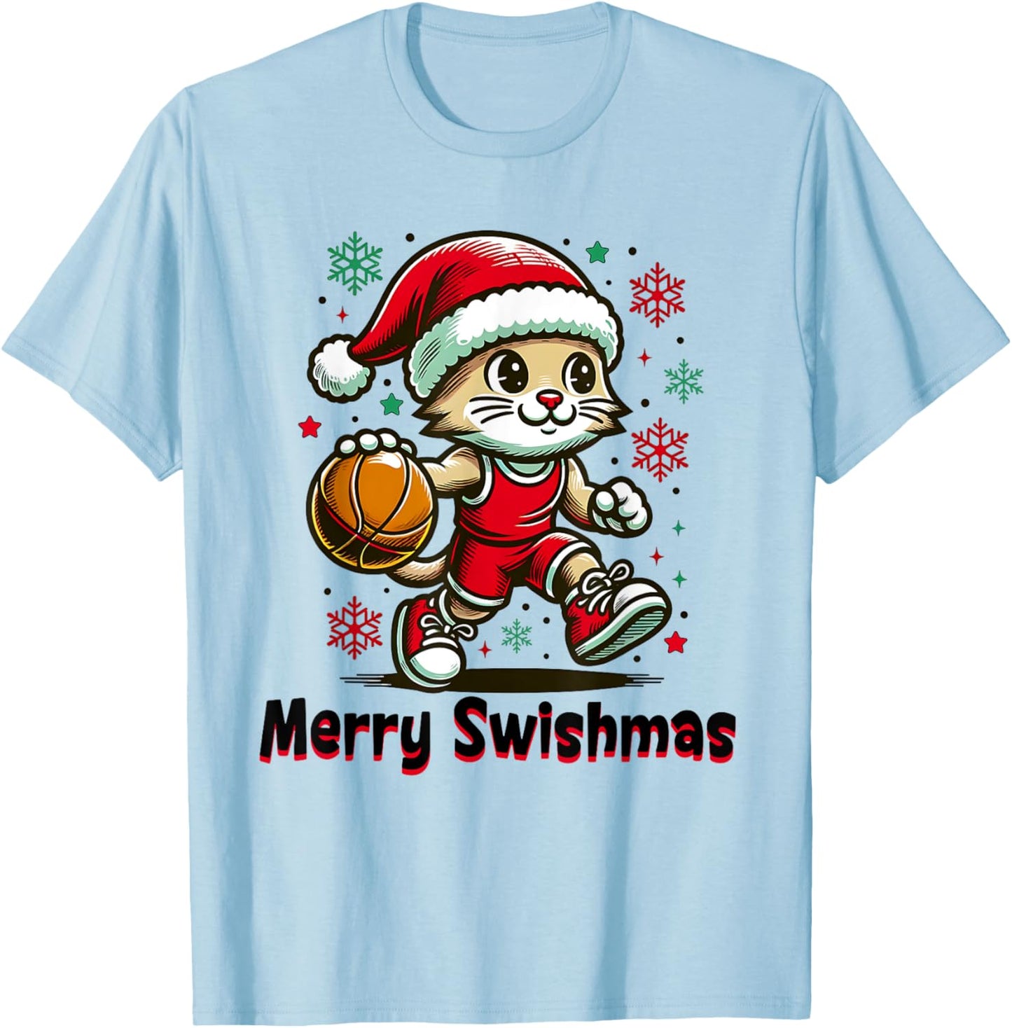 Christmas Basketball Merry Swishmas Funny Cat and Sports T-Shirt - T-Shirt | Light Blue