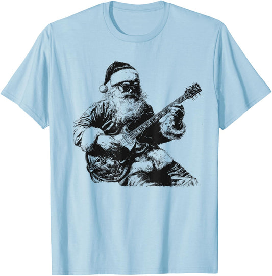 Christmas Rock Santa Rock and Roll Guitar Lover T-Shirt - T-Shirt | Light Blue