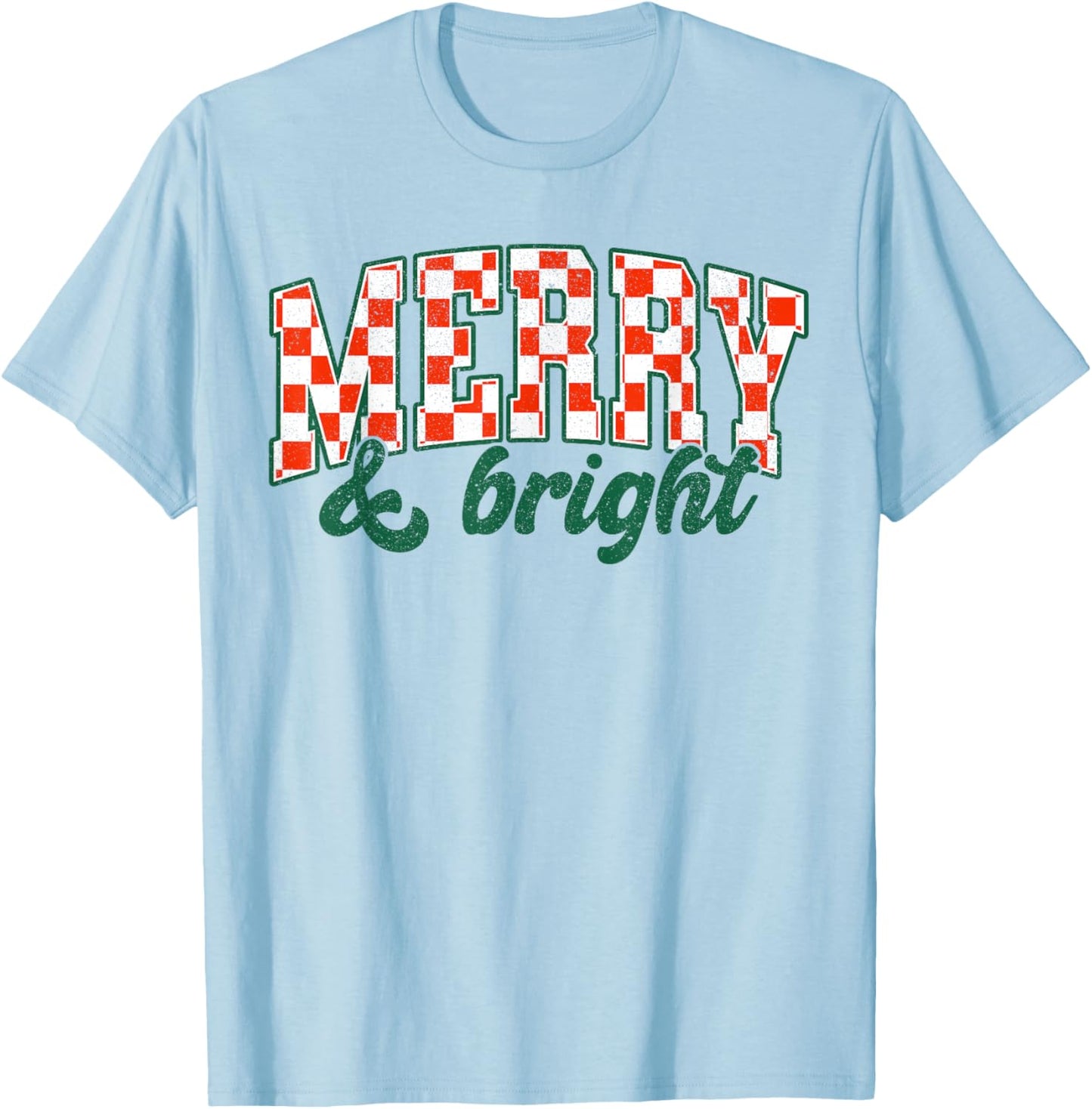 Merry Xmas Bright Cute Christmas Checkered Holiday Men Women T-Shirt - T-Shirt | Light Blue