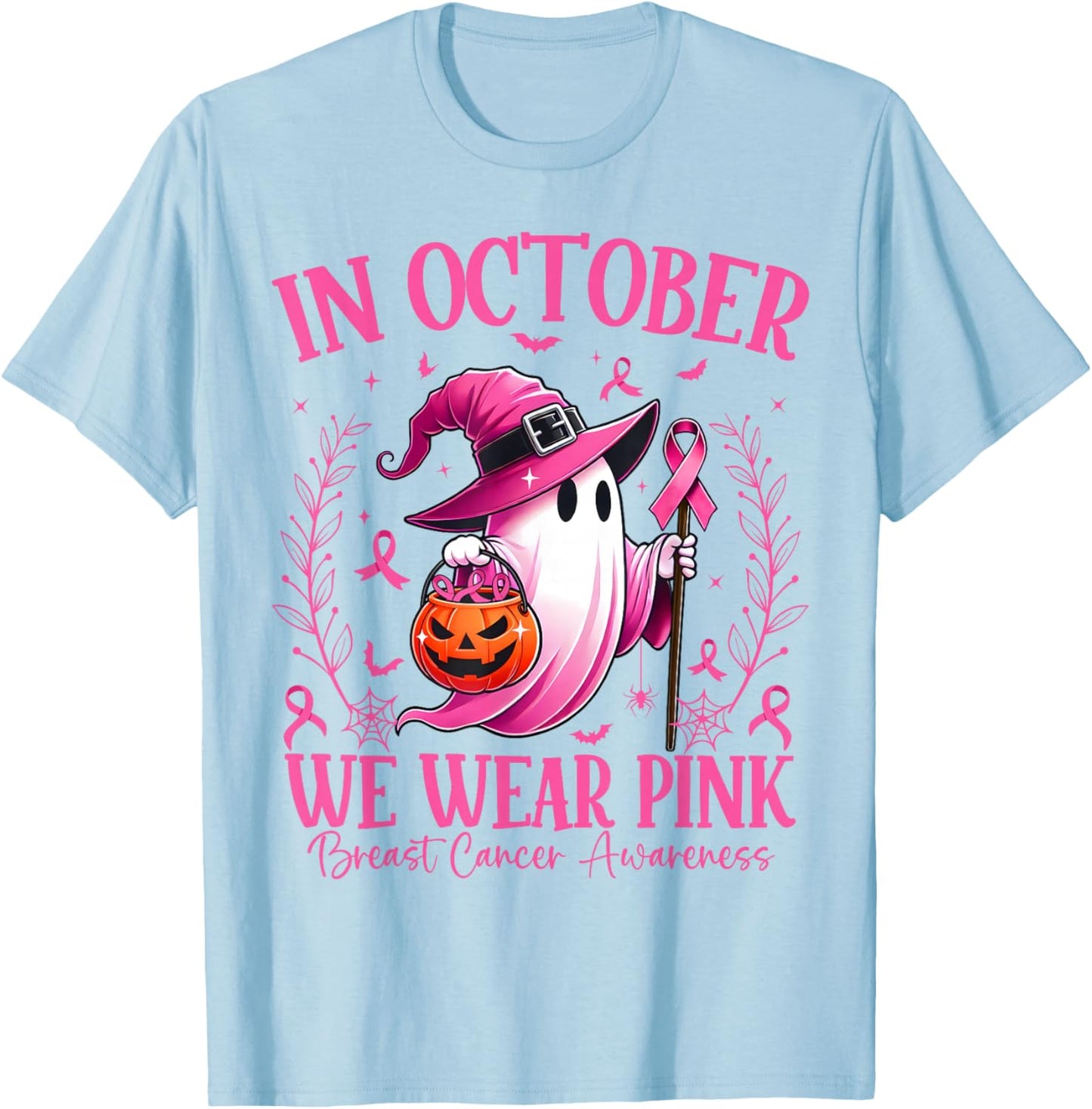 In October We Wear Pink Breast Cancer Awareness Halloween T-Shirt - T-Shirt | Light Blue