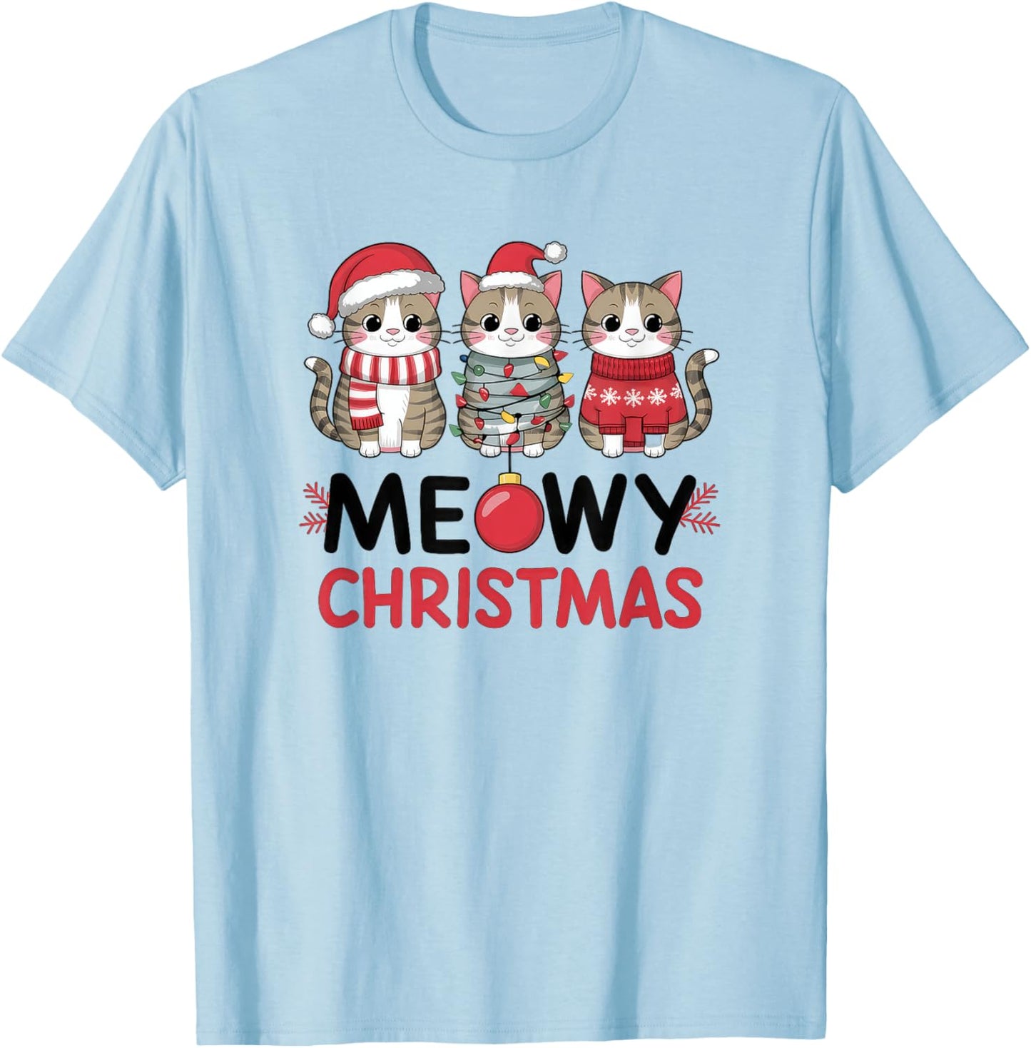 Meowy Christmas Cute Cat Merry Xmas Holiday Graphic Men Women Kids T-Shirt - T-Shirt | Light Blue