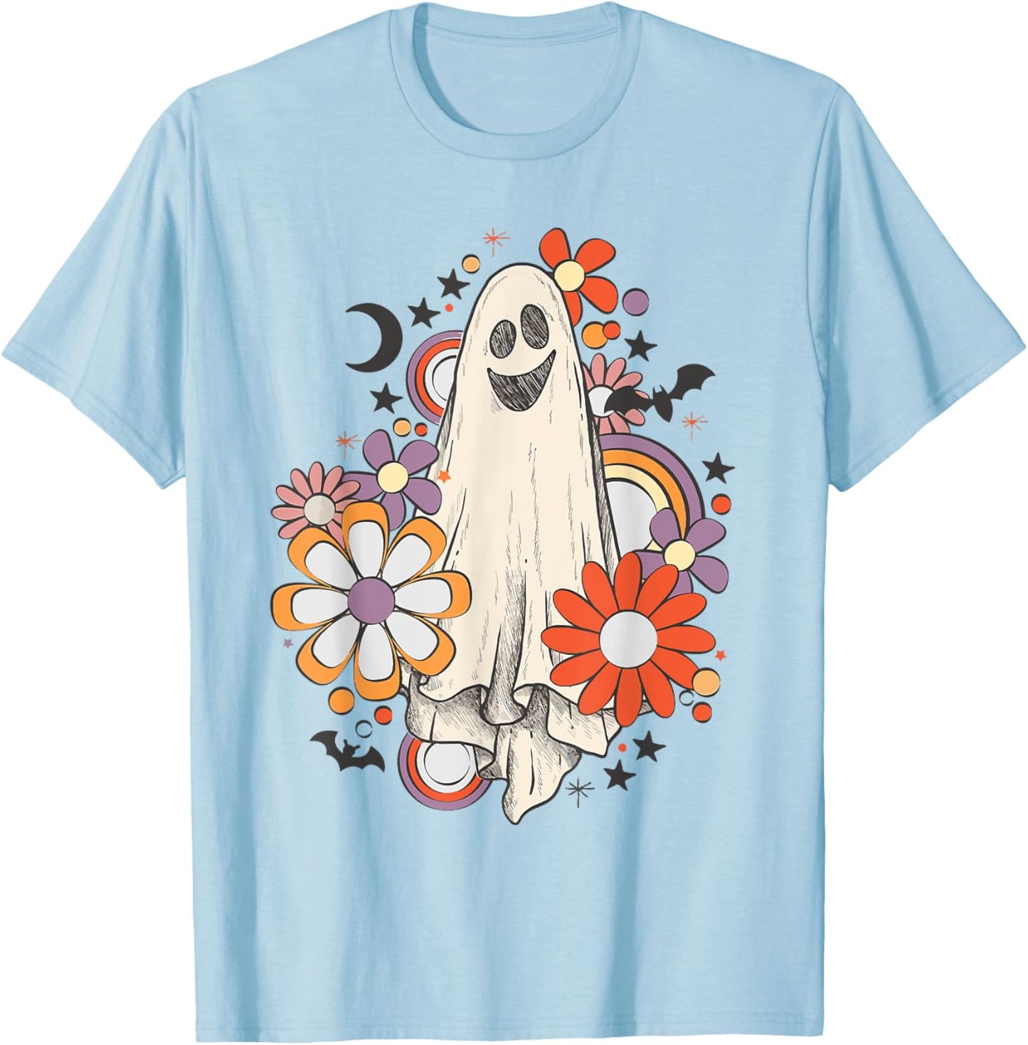 Retro Vintage Ghost Floral Pumpkin Halloween Girls T-Shirt - T-Shirt | Light Blue