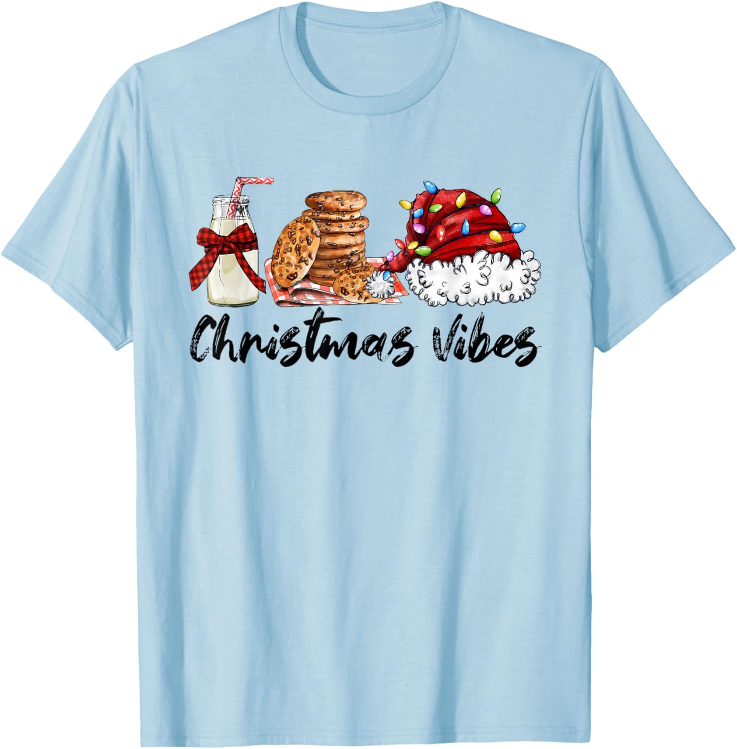 Christmas Vibes Santa Milk and Cookies Xmas Lights T-Shirt - T-Shirt | Light Blue