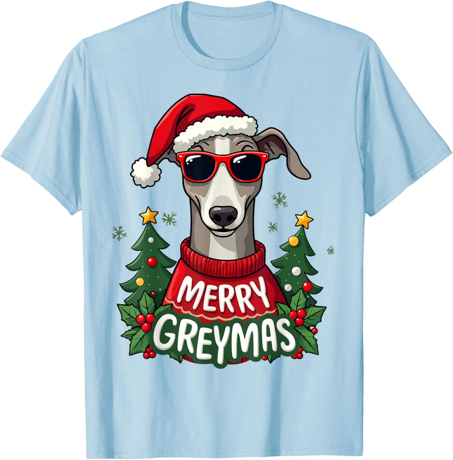 Merry Greymas Cute Greyhound Dog Christmas Holiday T-Shirt - T-Shirt | Light Blue