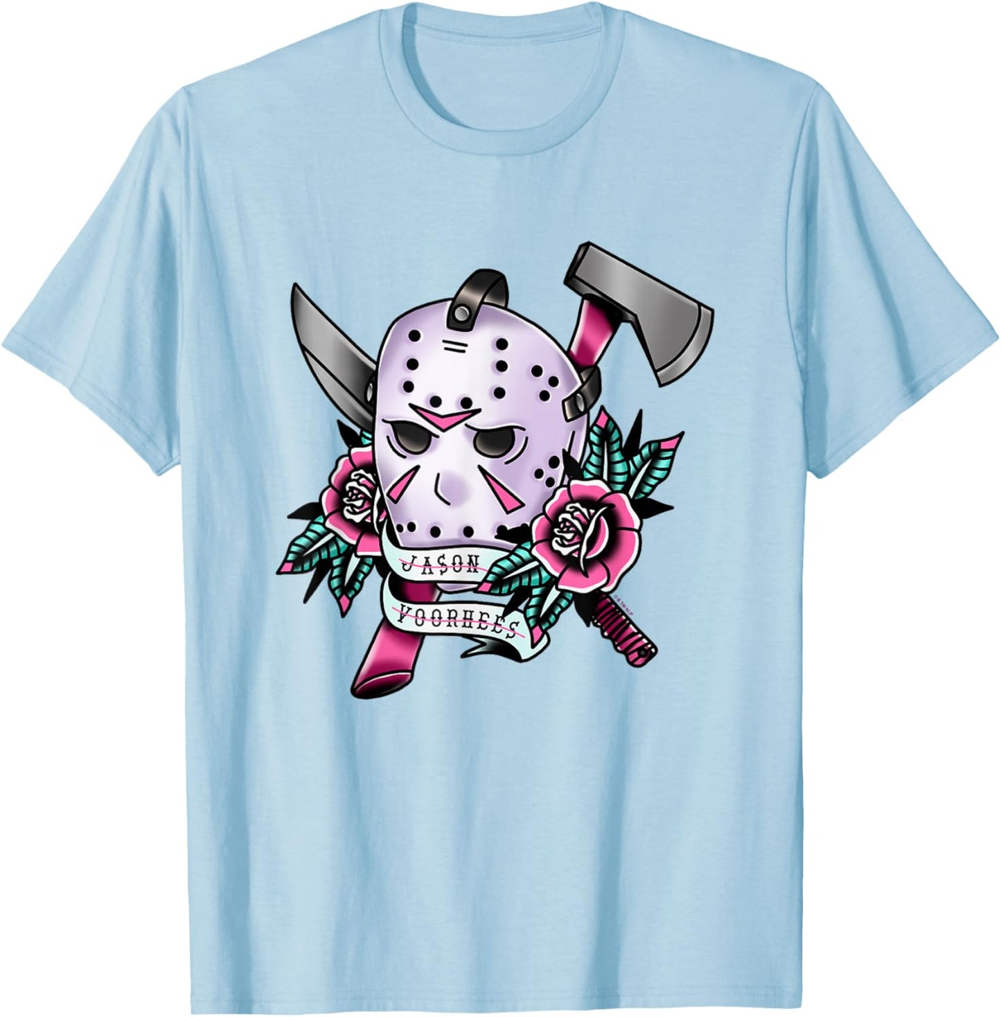 Friday The 13th Jason Voorhees Mask Tattoo Style Chest Logo T-Shirt - T-Shirt | Light Blue