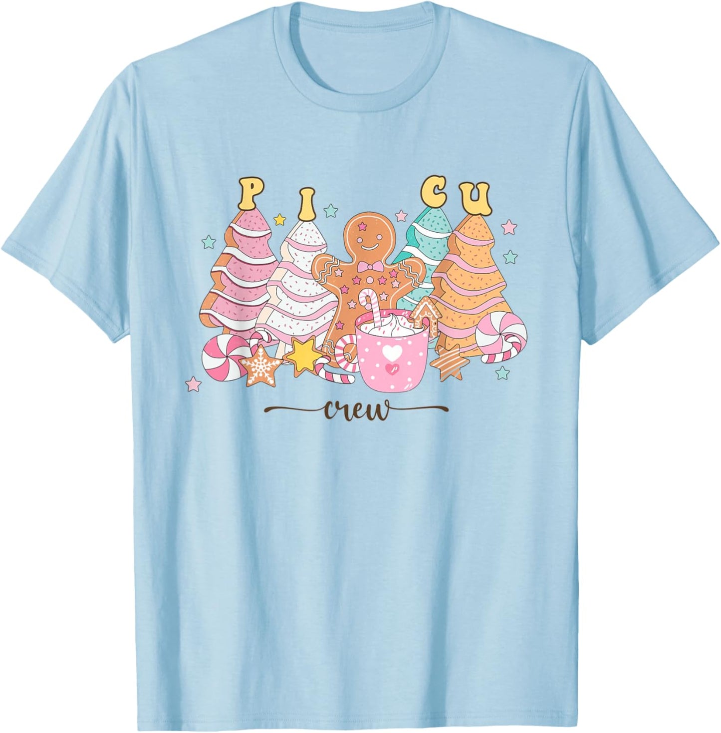 PICU Nurse Christmas Tree Gingerbread Pediatric ICU Nurse T T-Shirt - T-Shirt | Light Blue