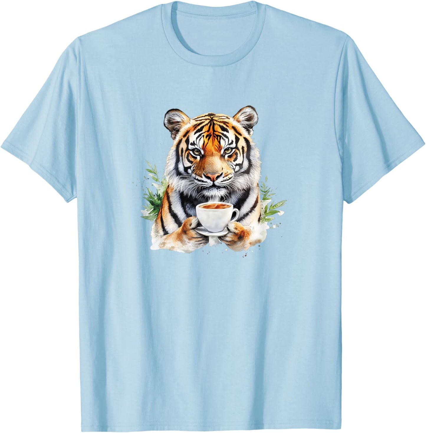 Animals Drinking Coffee - A Cute Tiger Holding A Coffee T-Shirt - T-Shirt | Light Blue