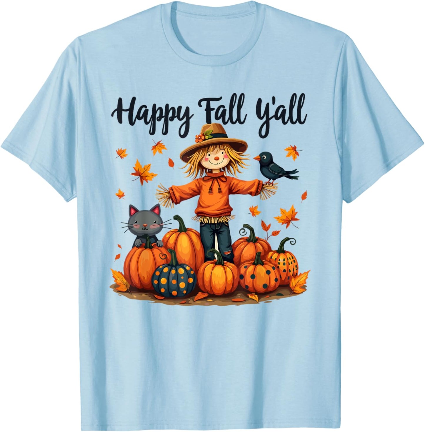 Scarecrow Happy Fall Y'all Thanksgiving Halloween Women Men T-Shirt - T-Shirt | Light Blue