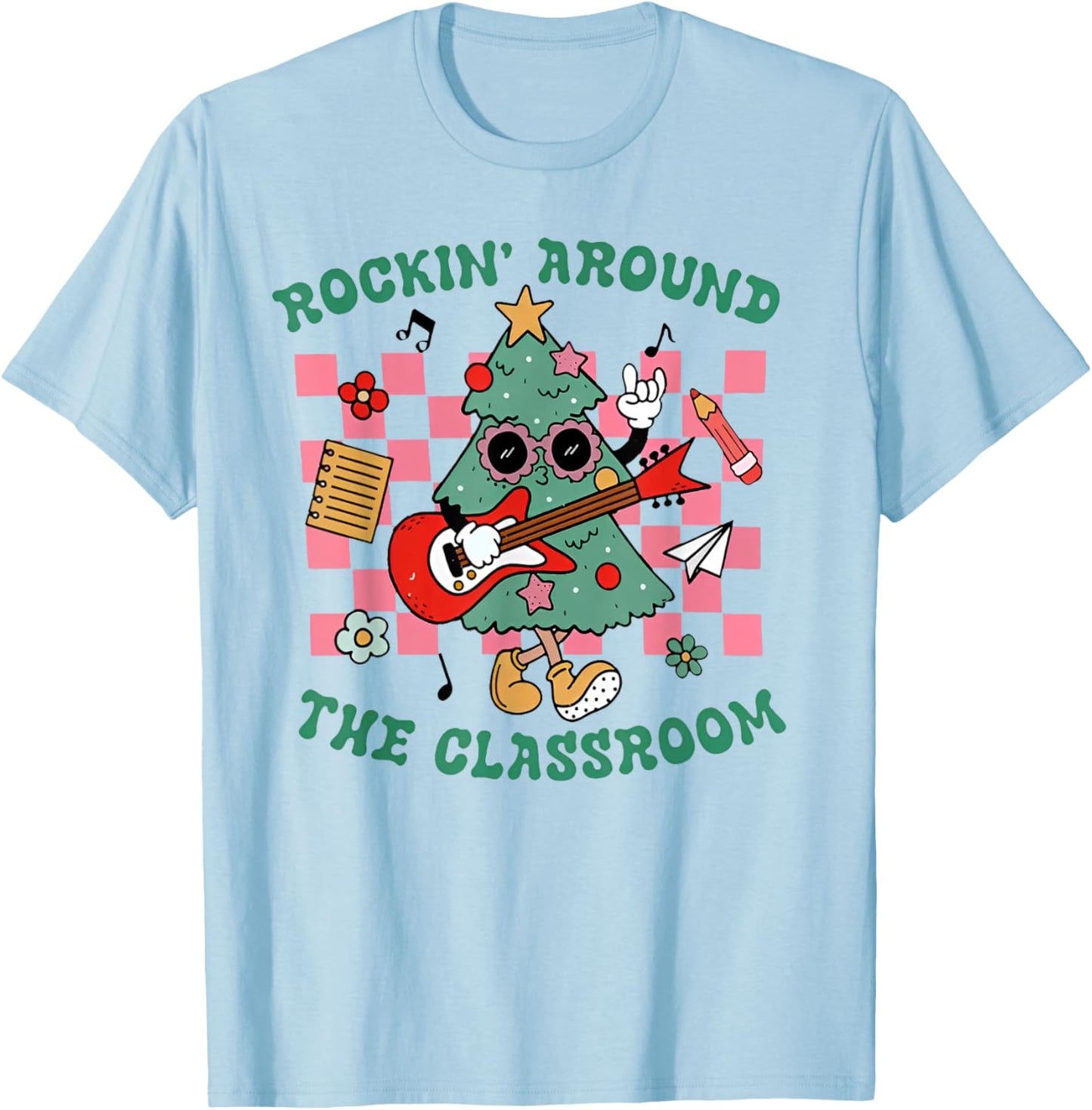 Retro Groovy Teacher Christmas Rockin' Around The Classroom T-Shirt - T-Shirt | Light Blue