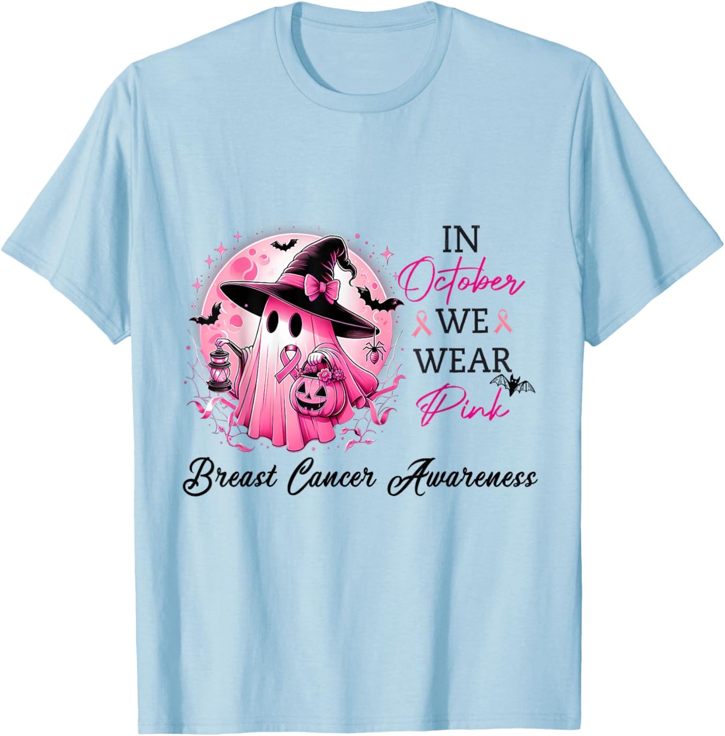 In October We Wear Pink Cute Ghost Breast Cancer Awareness T-Shirt - T-Shirt | Light Blue
