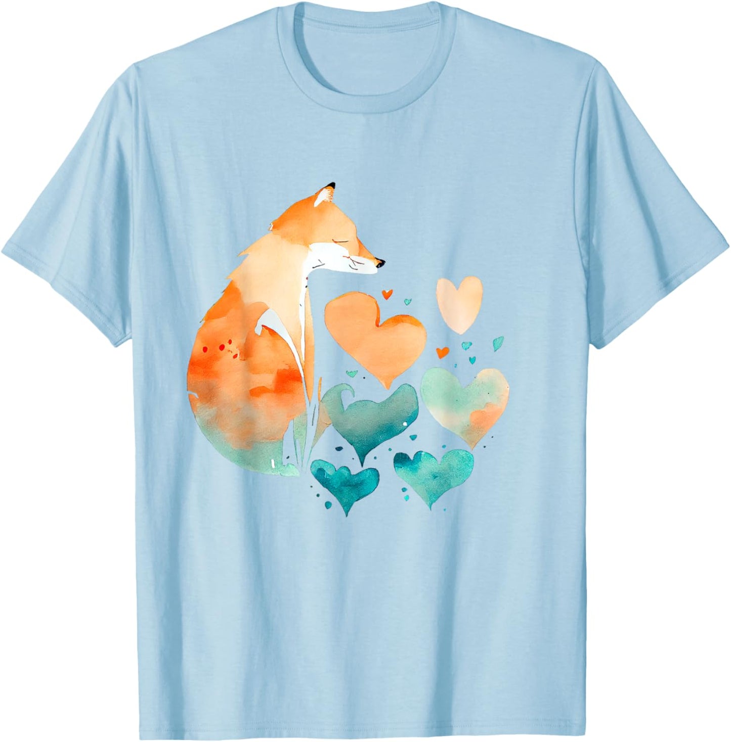 Fox With Hearts Watercolor Abstract Animal Art T-Shirt - T-Shirt | Light Blue