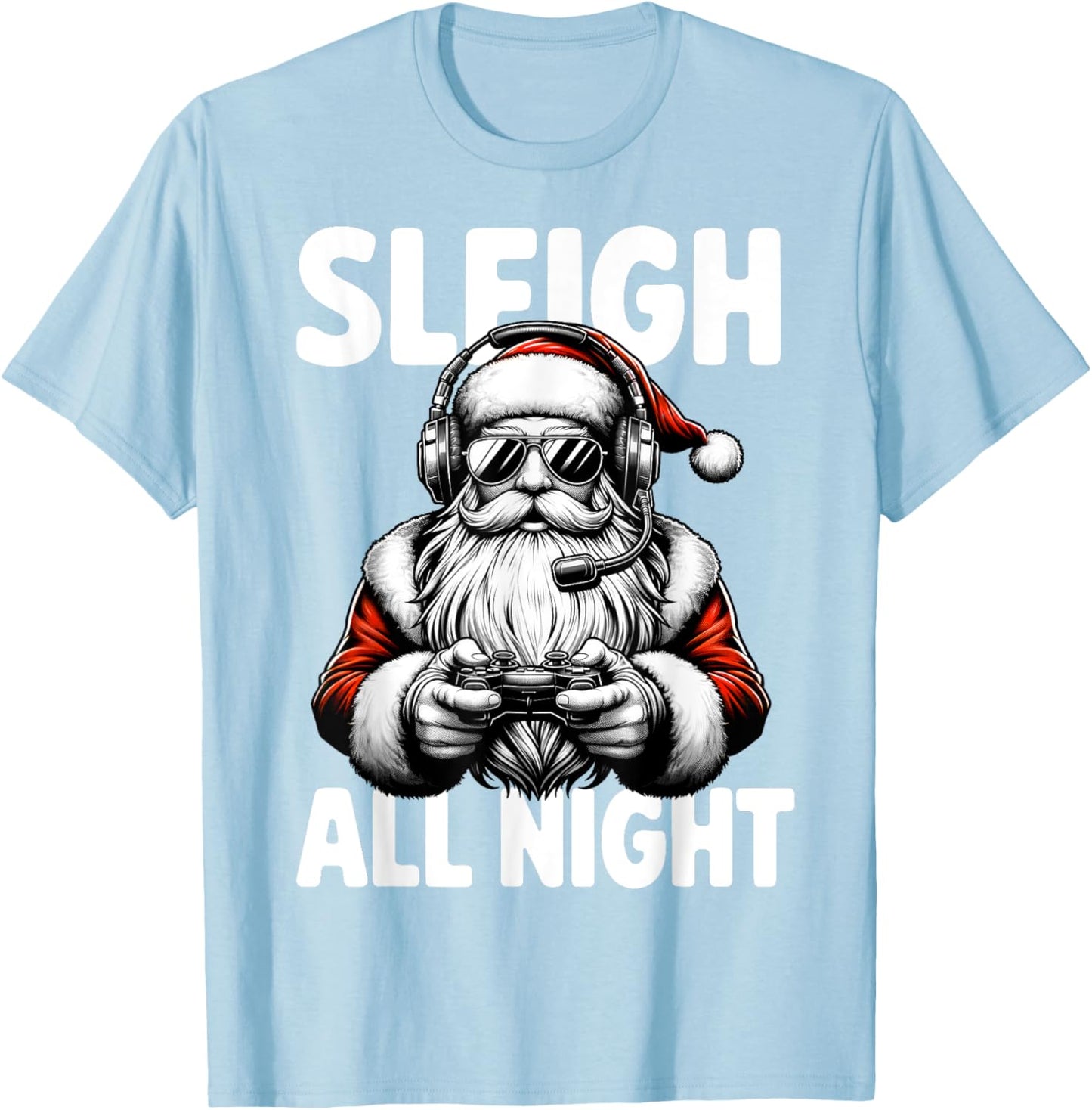 Christmas Gamer Boys Sleigh All Night Video Game Santa Xmas T-Shirt - T-Shirt | Light Blue