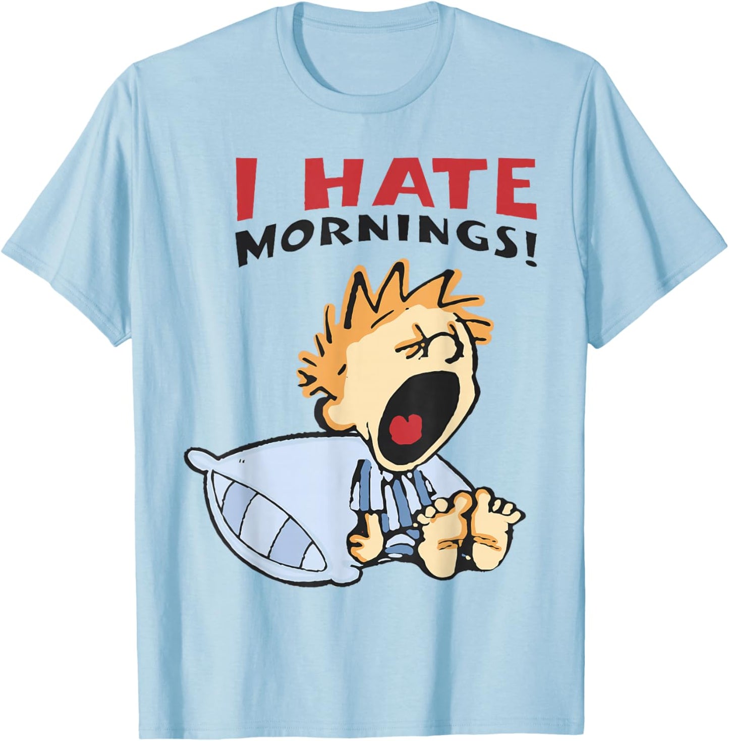 Vintage I Hate Mornings -Adults, -Kids Funny Graphic Blue Small Modern Classic Cartoon T-Shirt - T-Shirt | Light Blue