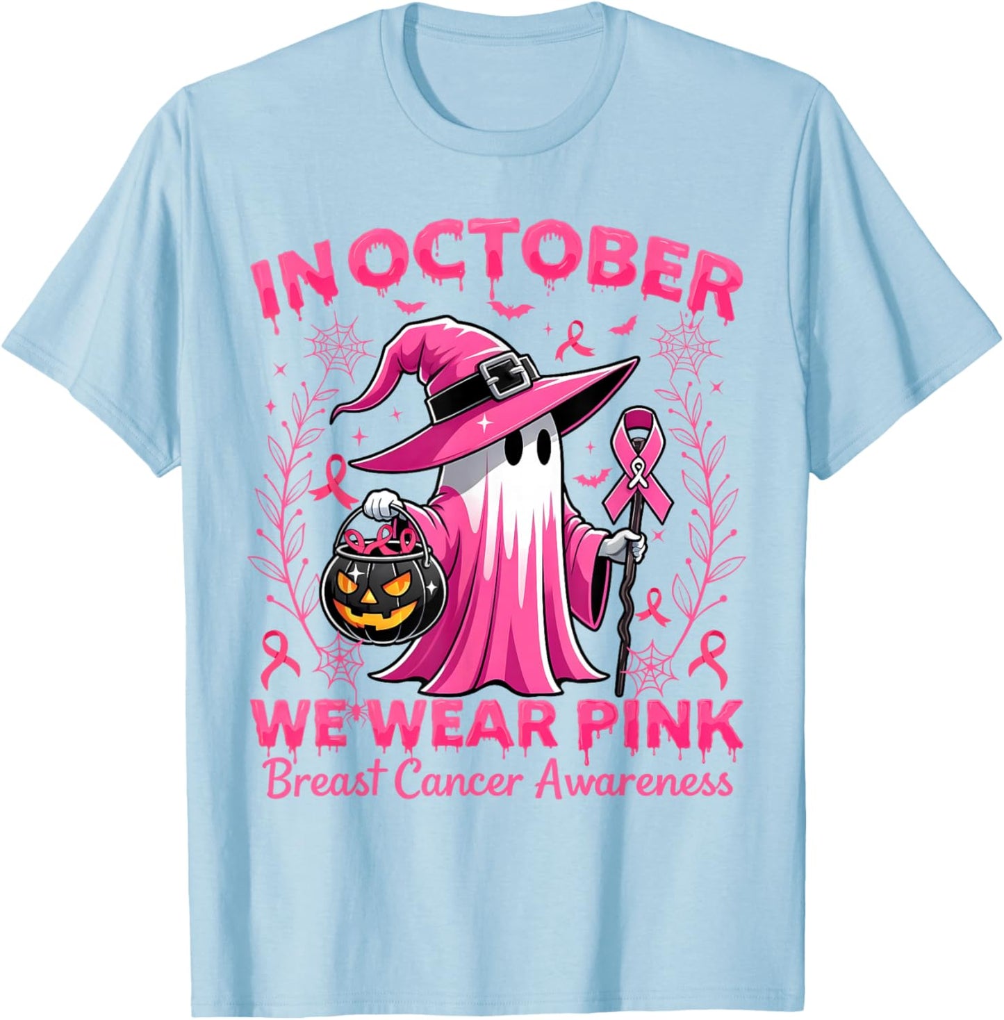 In October We Wear Pink Breast Cancer Awareness Halloween T-Shirt - T-Shirt | Light Blue