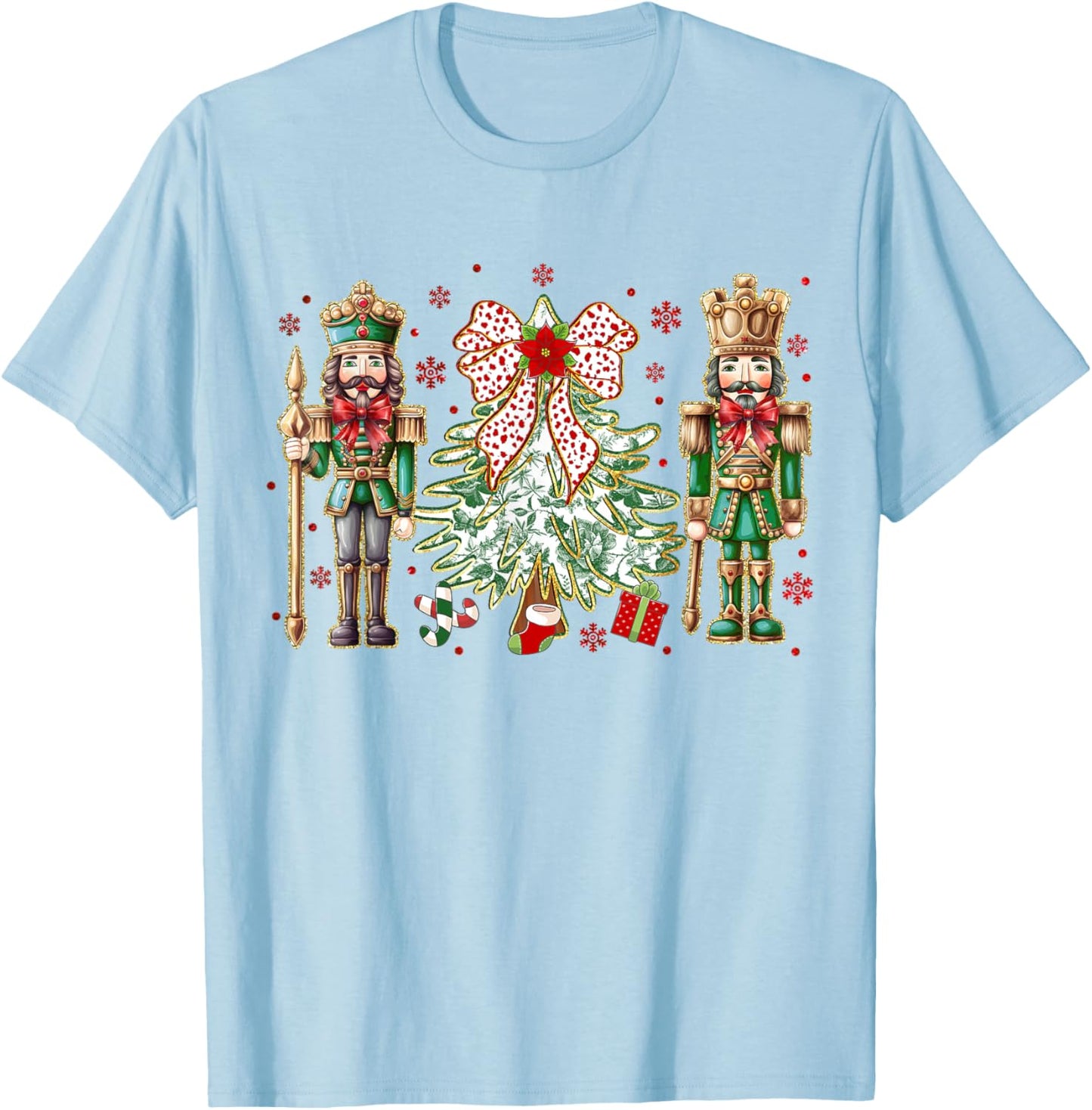 Chinoiserie Christmas Nutcracker Christmas Tree Coquette Bow T-Shirt - T-Shirt | Light Blue