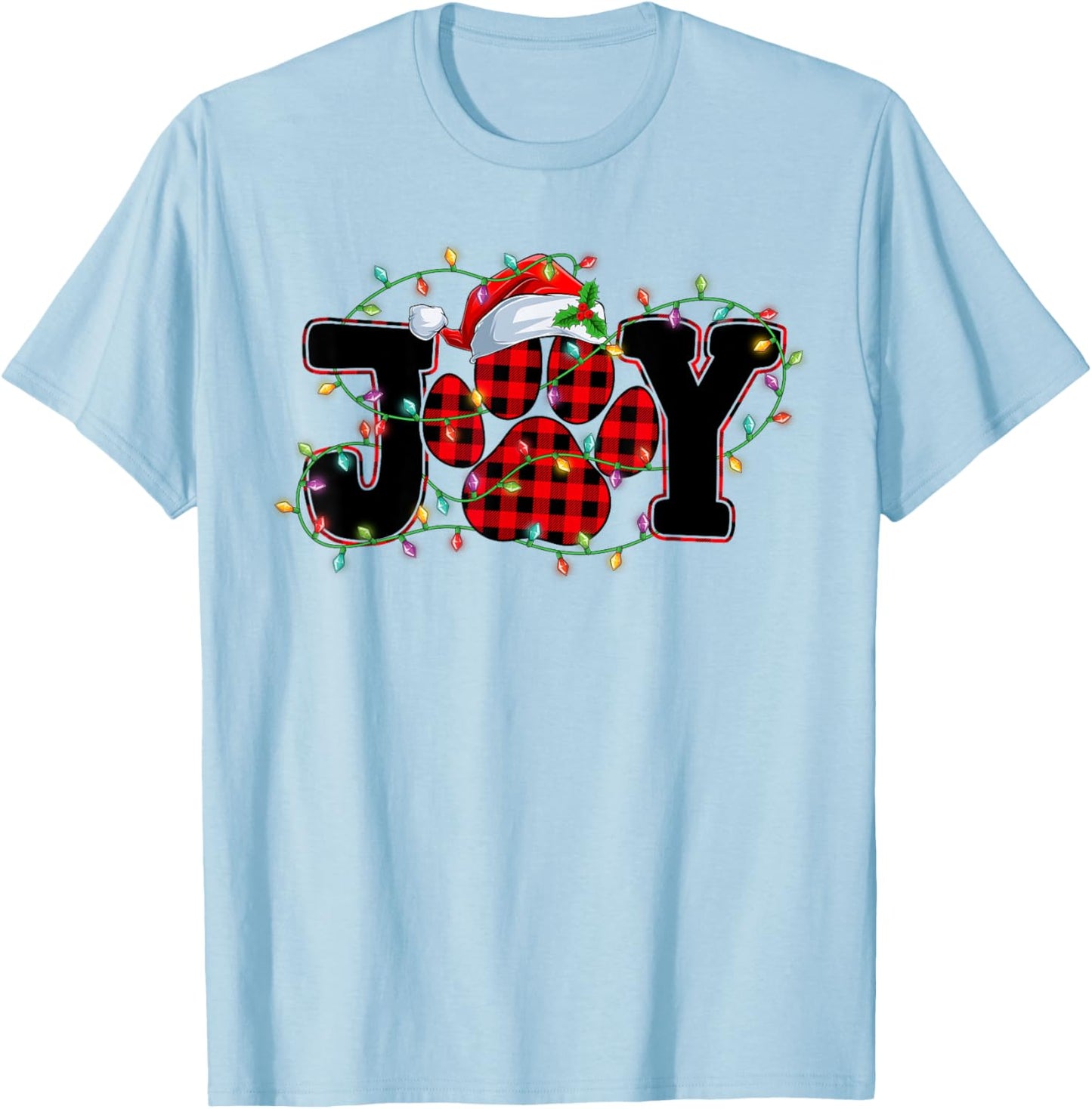 Funny Joy Dog Cat Paws Print Red Plaid Santa Hat Christmas Men Women Kids T-Shirt - T-Shirt | Light Blue