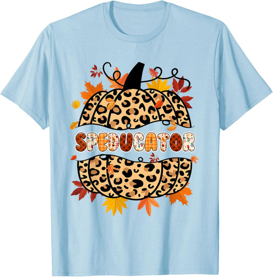 Autumn Fall SPED ED Teacher Thankful Grateful Pumpkin Retro T-Shirt - T-Shirt | Light Blue