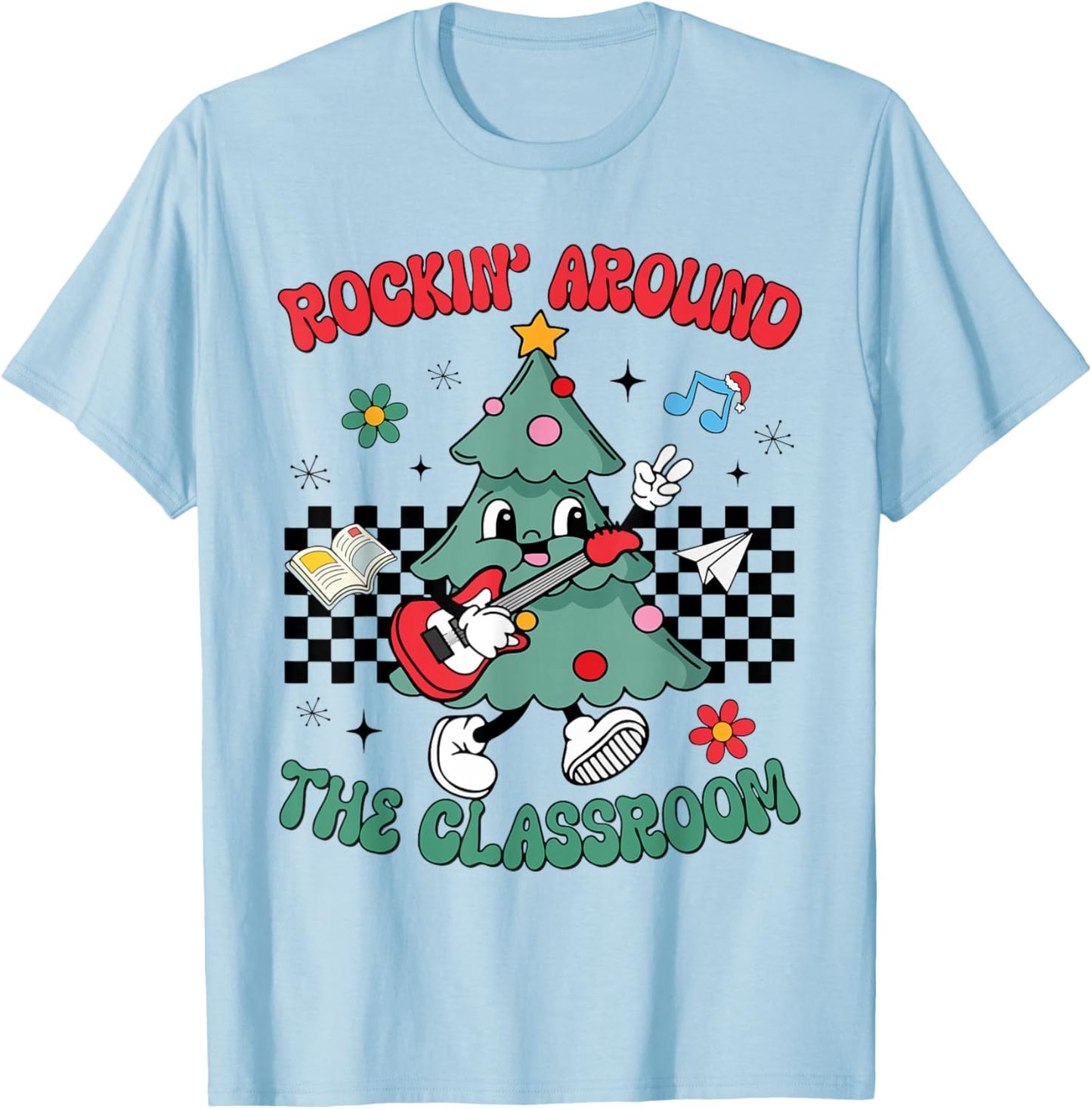 Retro Teacher Christmas Tree Rockin Around The Classroom T-Shirt - T-Shirt | Light Blue