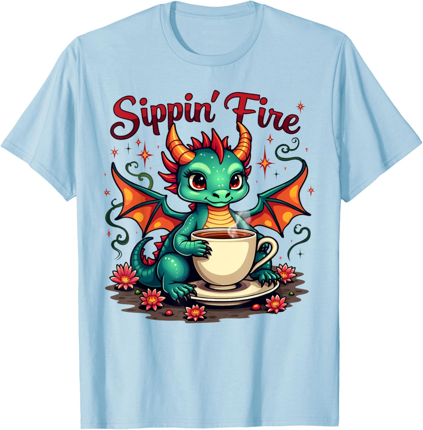 Sippin’ Fire Cute Dragon Tea Lover T-Shirt - T-Shirt | Light Blue
