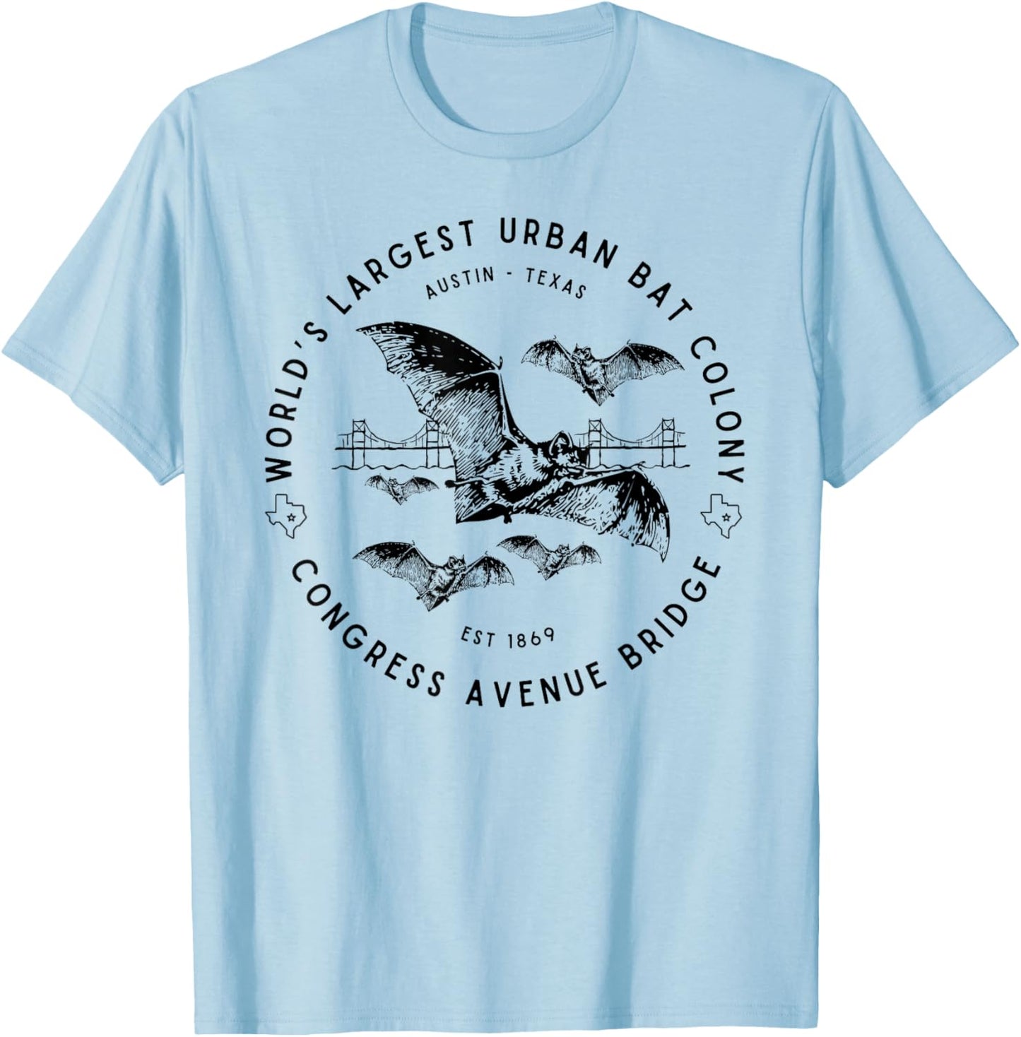 Congress Ave Bridge Austin Texas World's Largest Bat Colony T-Shirt - T-Shirt | Light Blue