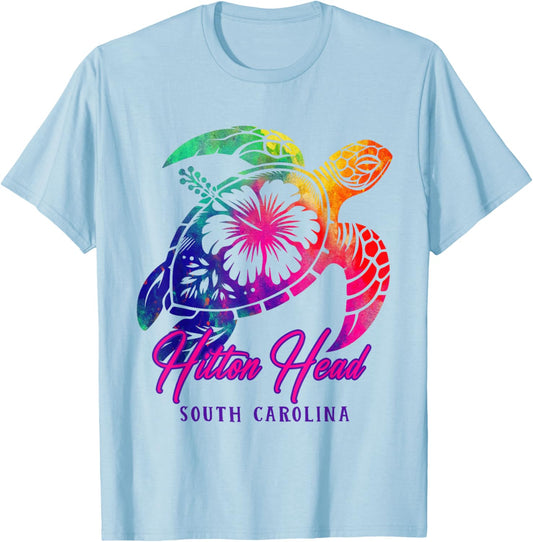 Hilton Head Tie Dye Sea Turtle Hibiscus South Carolina 2025 T-Shirt - T-Shirt | Light Blue