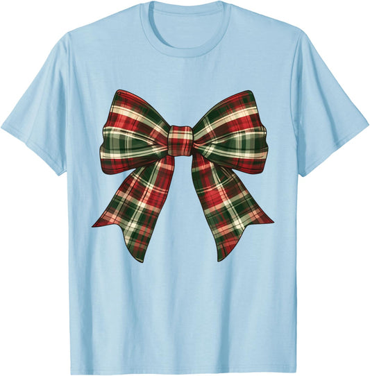 Christmas Bow Tartan Buffalo Plaid For Girls Toddlers Women T-Shirt - T-Shirt | Light Blue