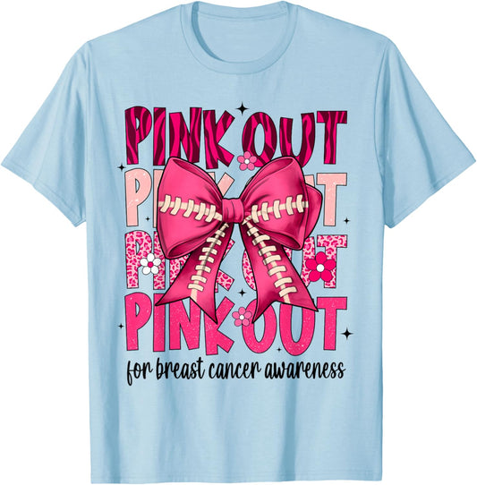Pink Out Football Pink Coquette Bow Breast Cancer Awareness T-Shirt - T-Shirt | Light Blue