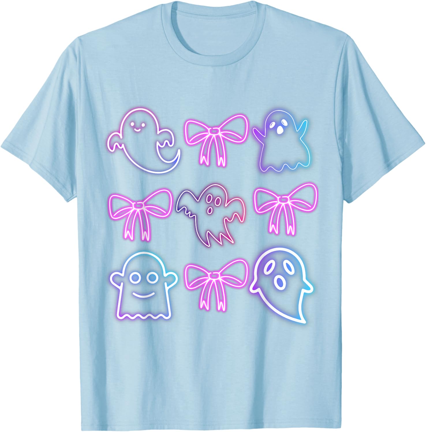 Cute Boo Ghost Spooky Season Glow In Halloween Night Bow T-Shirt - T-Shirt | Light Blue