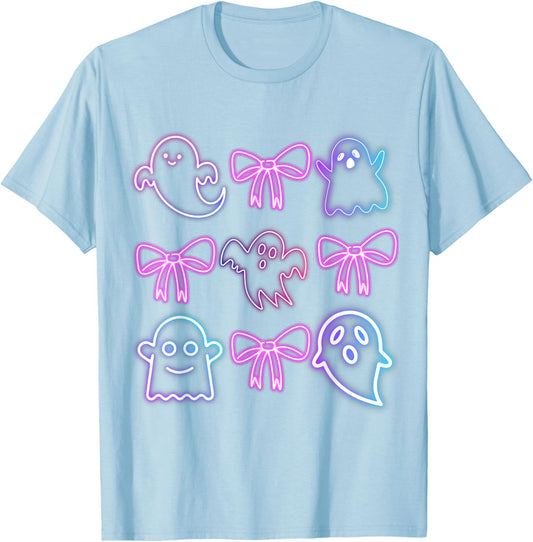Cute Boo Ghost Spooky Season Glow In Halloween Night Bow T-Shirt - T-Shirt | Light Blue