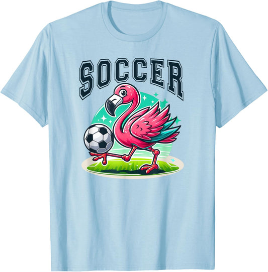 Soccer Pink Flamingo Playing Soccer T-Shirt - T-Shirt | Light Blue