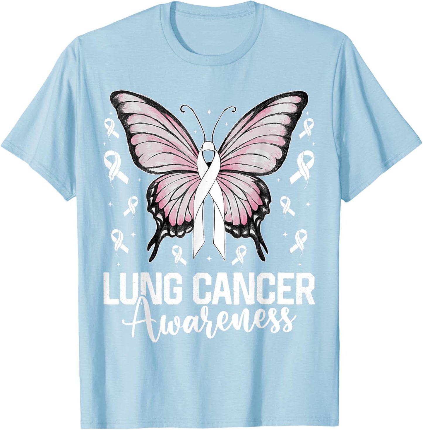 Lung Cancer Awareness Butterfly Ribbon Cancer Support T-Shirt - T-Shirt | Light Blue