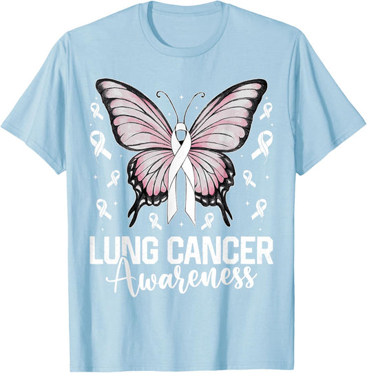 Lung Cancer Awareness Butterfly Ribbon Cancer Support T-Shirt - T-Shirt | Light Blue