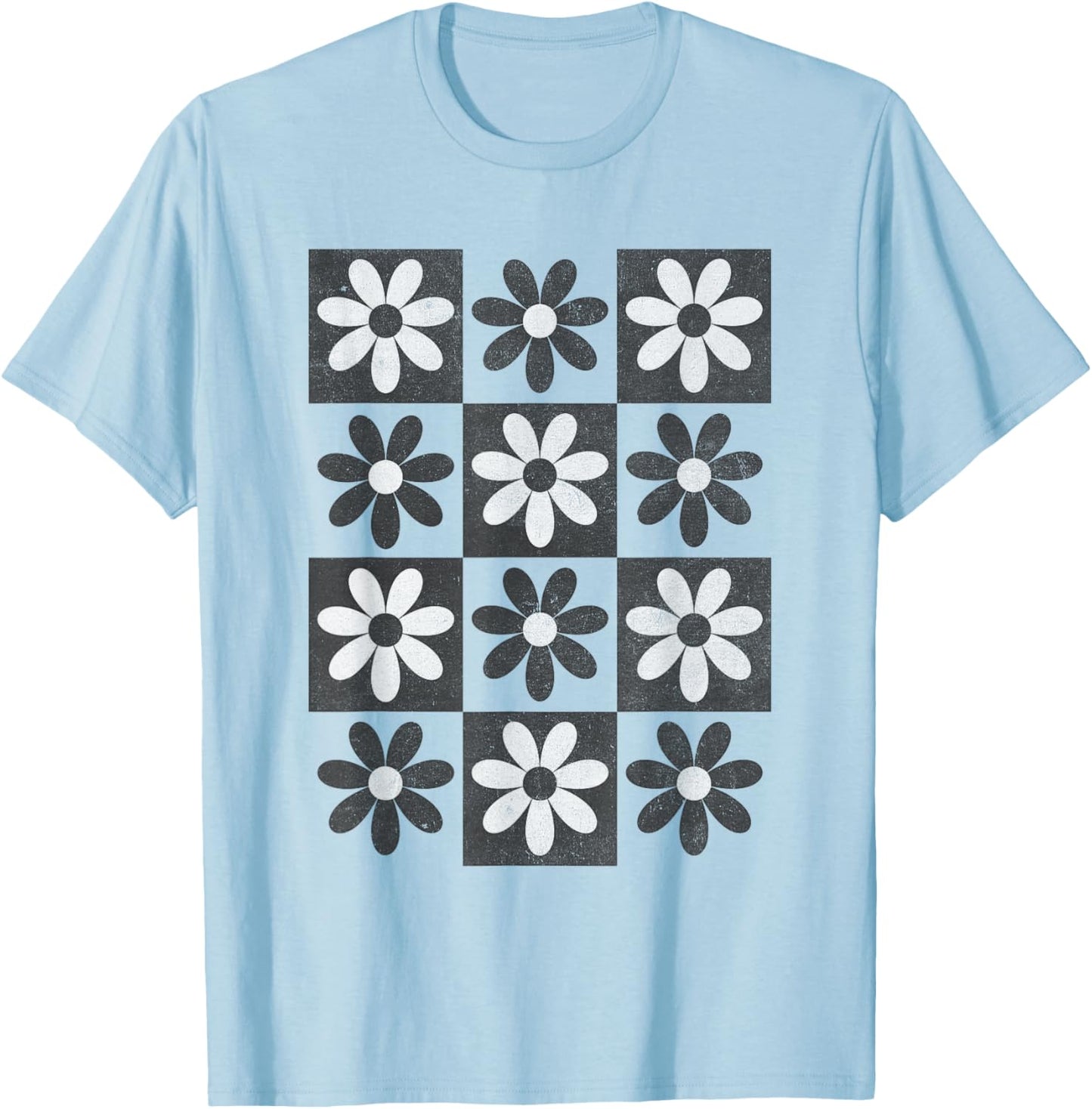 Retro Checkerboard Checkered Boho Flowers Floral T-Shirt - T-Shirt | Light Blue