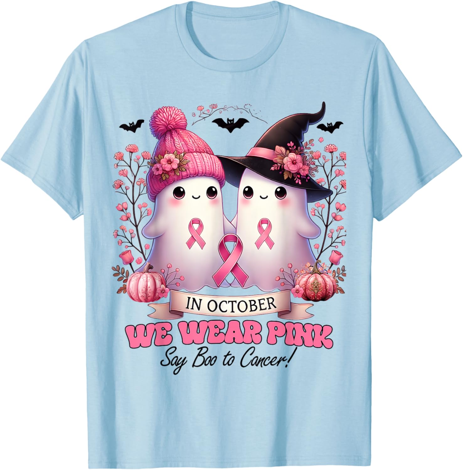 In October We Wear Pink Witch Ghost Pumpkin Breast Cancer T-Shirt - T-Shirt | Light Blue