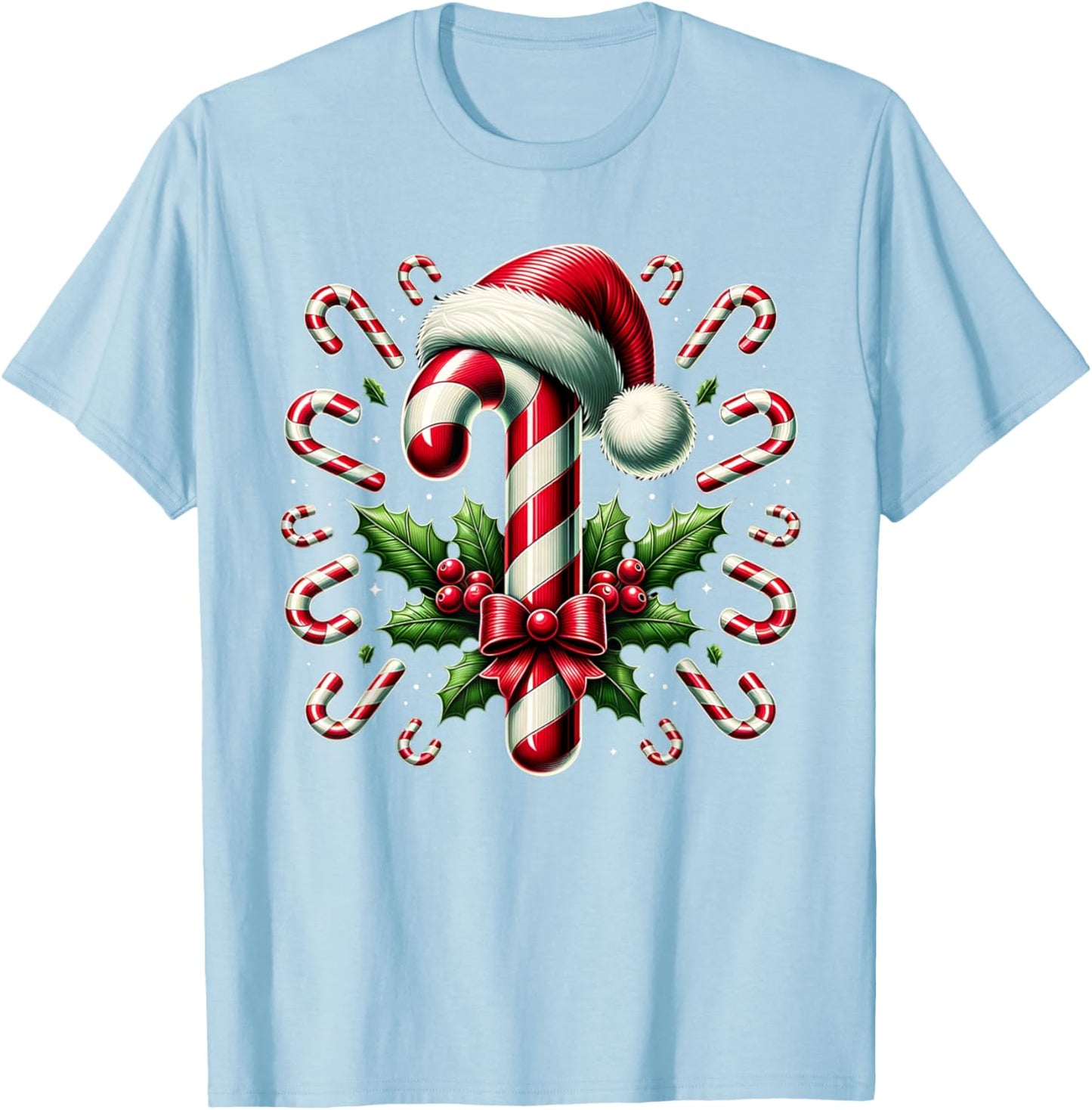 Christmas Candy Cane Crew Lights Red and White Candy Costume T-Shirt - T-Shirt | Light Blue