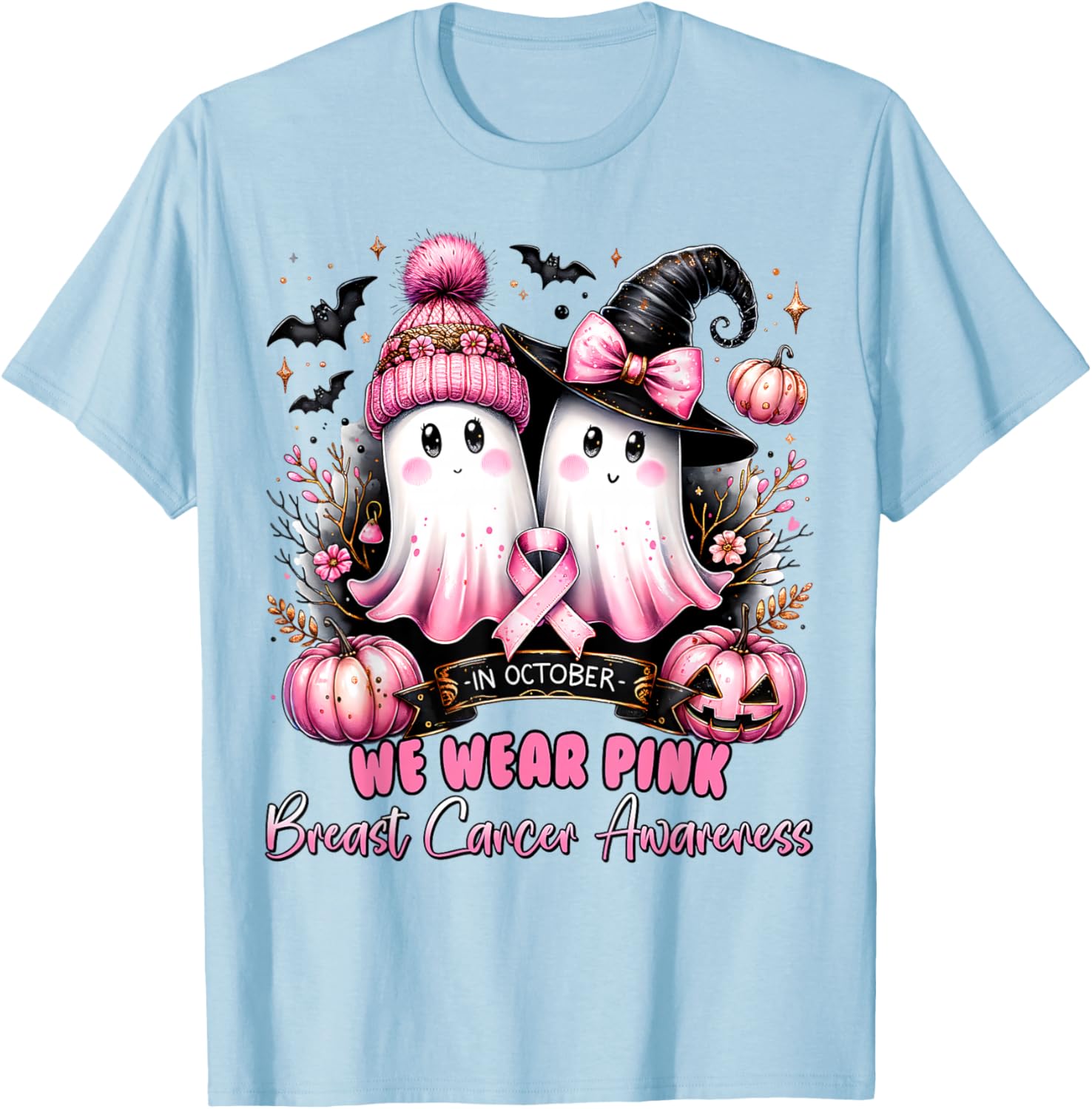 In October We Wear Pink Ghost Witch Breast Cancer Awareness T-Shirt - T-Shirt | Light Blue