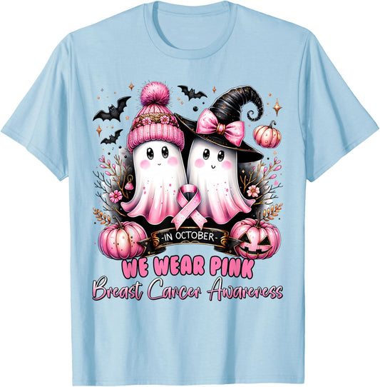 In October We Wear Pink Ghost Witch Breast Cancer Awareness T-Shirt - T-Shirt | Light Blue