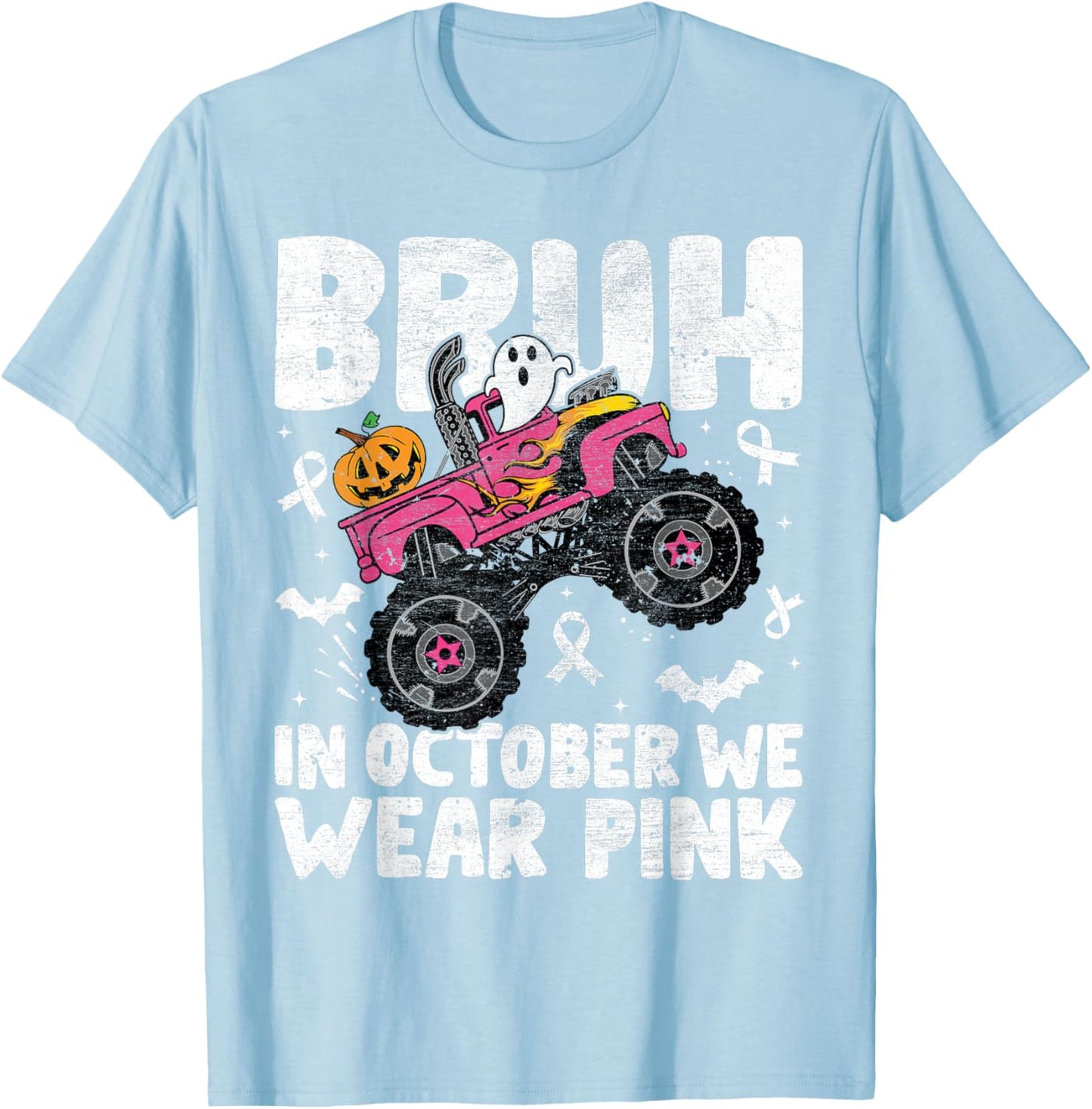 Bruh In October Wear Pink Breast Cancer Halloween Kids Boys T-Shirt - T-Shirt | Light Blue